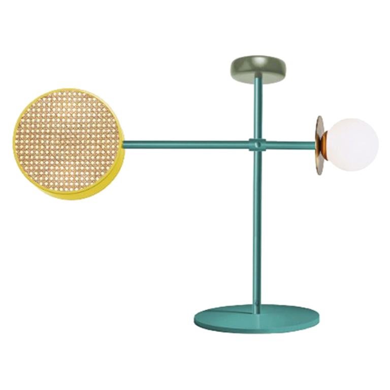 Lampada Monaco Table II di ispirazione Art Deco in menta, giallo, verde, ottone e rattan