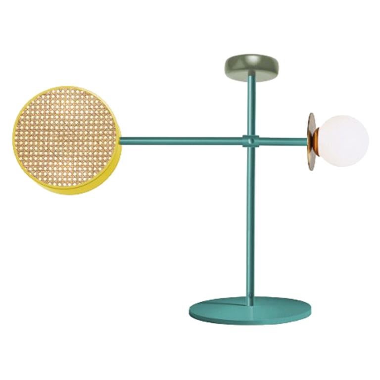 Lampe de bureau Monaco II d'inspiration Art Déco en jaune menthe, vert, laiton et rotin