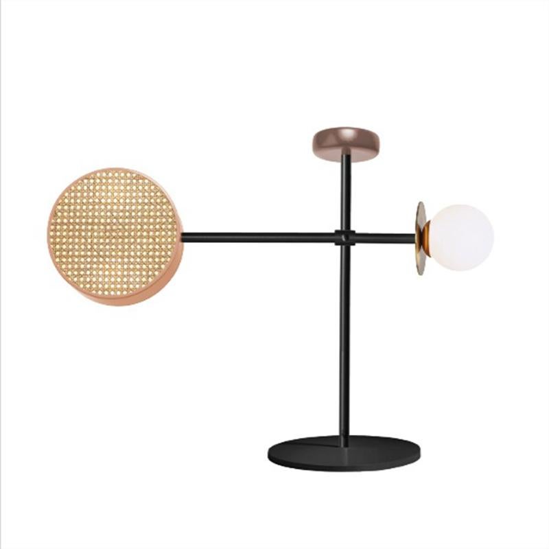 Polished Art Deco Inspired Monaco Table II Lamp in Salmon, Wine, Brass and Rattan For Sale