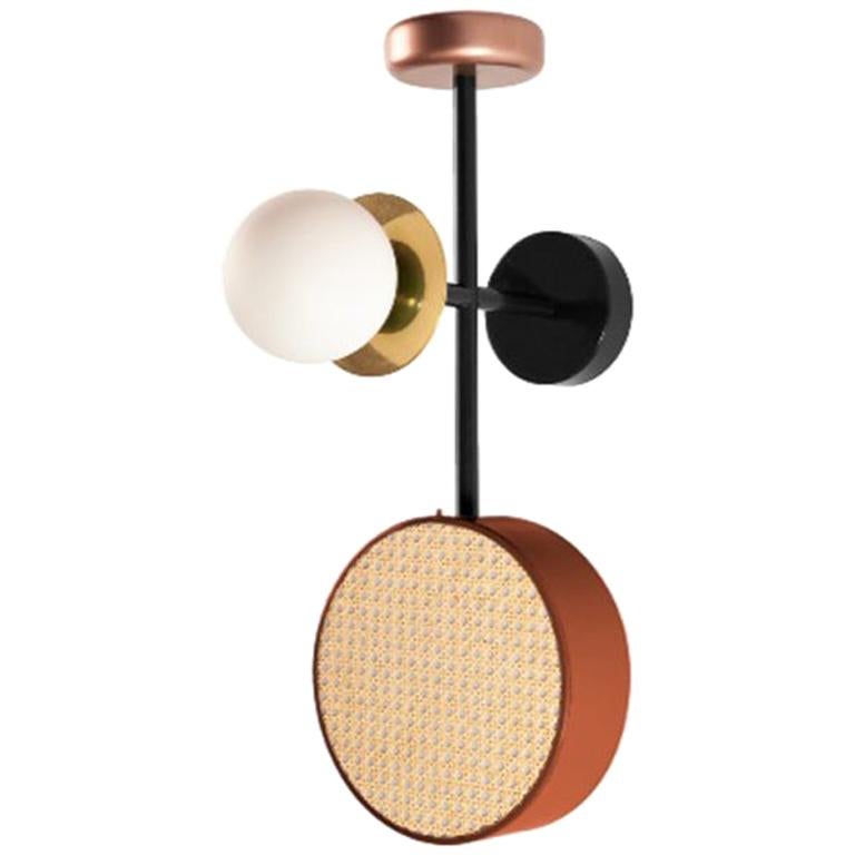 Monaco wall Sconce is a perfect balance of round shapes, rattan mesh, wooden detail and brass details intertwined with delicate and Frosted Glass Globes. 
The structure and the metallic cylinder are finished in a smooth, homogeneous powder coating