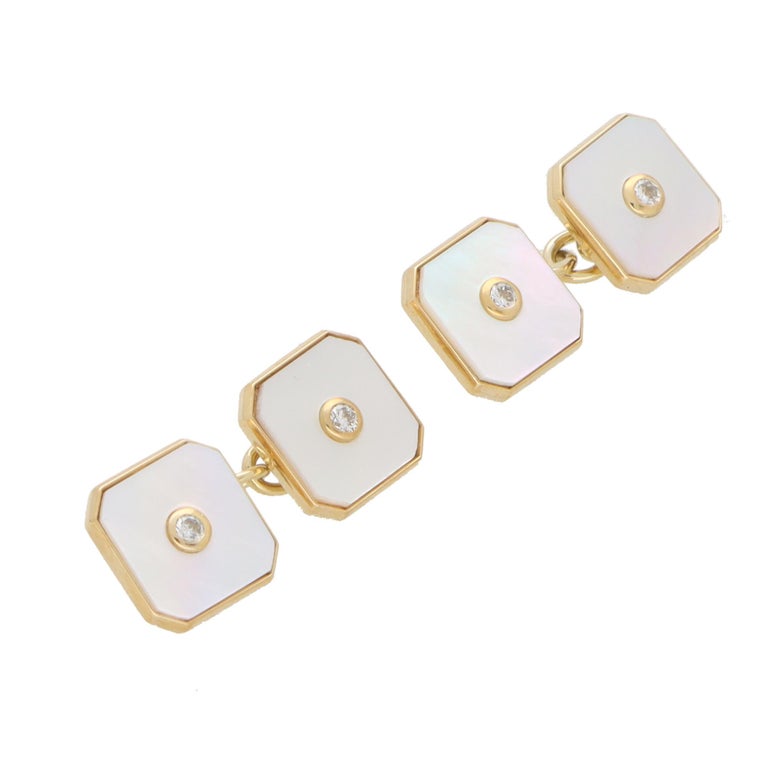 Round Cut Art Deco Inspired Mother of Pearl and Diamond Chain Cufflinks in 9k Yellow Gold For Sale