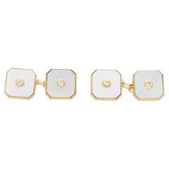 Art Deco Inspired Mother of Pearl and Diamond Chain Cufflinks in 9k Yellow Gold