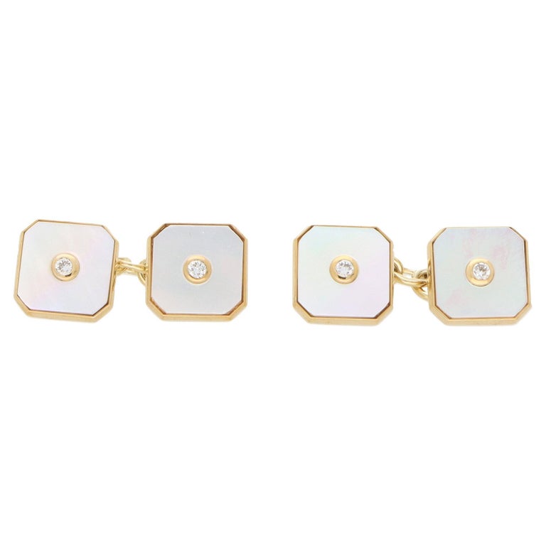 Art Deco Inspired Mother of Pearl and Diamond Chain Cufflinks in 9k Yellow Gold For Sale