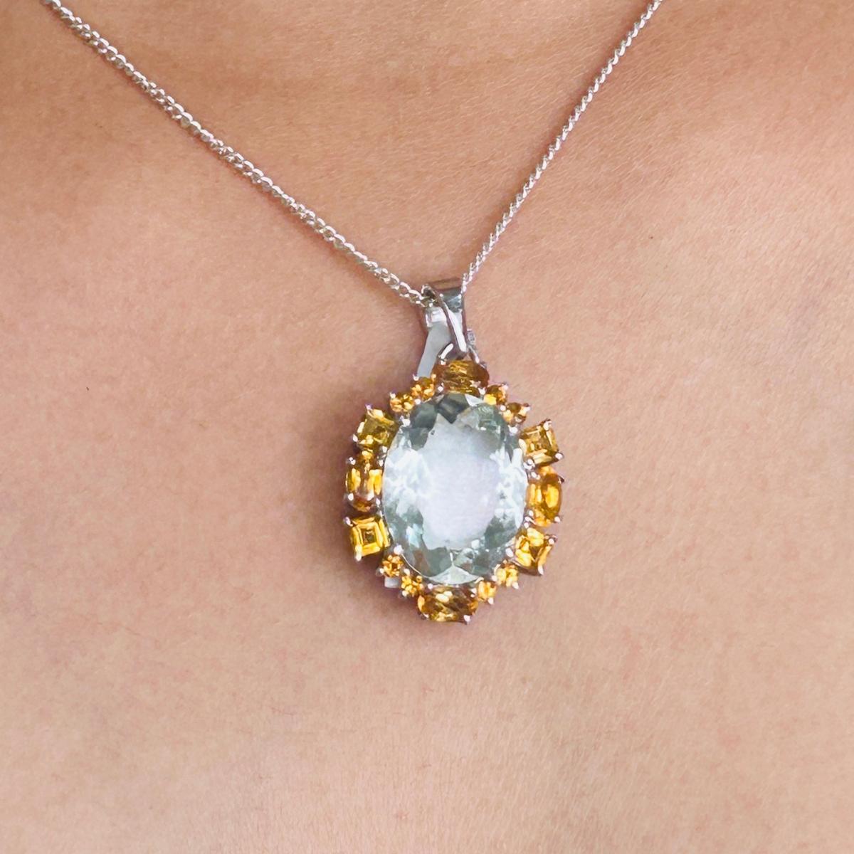 Art Deco Style Multi Gemstone Pendant Necklace for Her in sterling silver studded with mixed cut multi gemstone. This stunning piece of jewelry instantly elevates a casual look or dressy outfit. 
Multi Gemstone enhances the intellectual capacity of