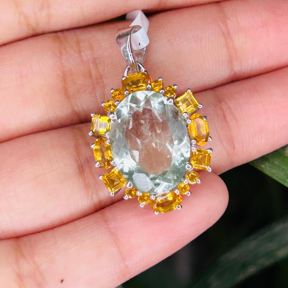 Mixed Cut Art Deco Style Multi Gemstone Pendant Necklace for Her Made in 925 Silver For Sale