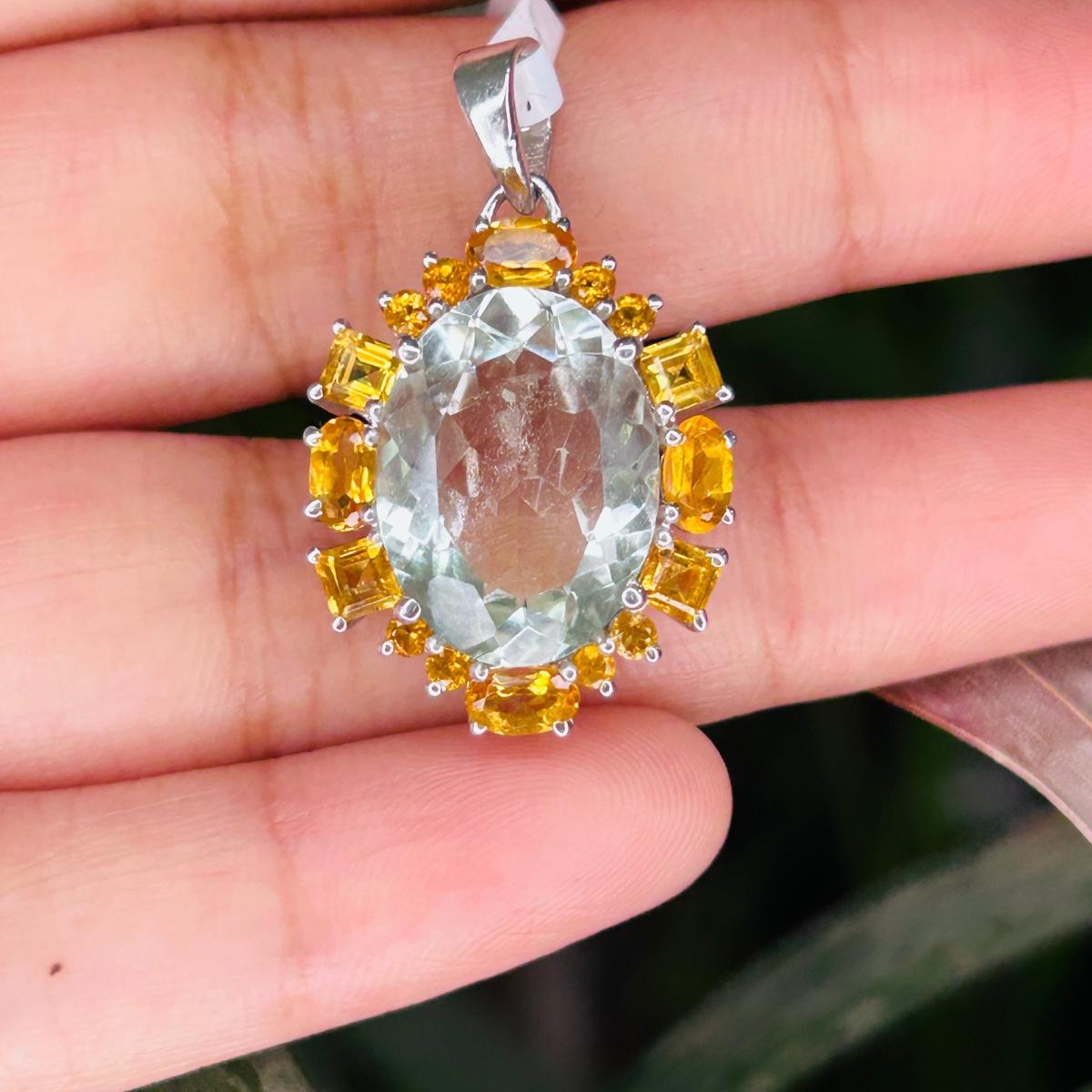 Art Deco Style Multi Gemstone Pendant Necklace for Her Made in 925 Silver For Sale 1