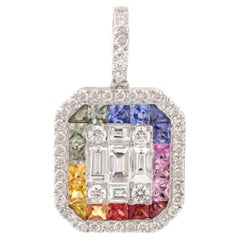 Art Deco Inspired Multi Sapphire Diamond Pendant Made in 18k White Gold