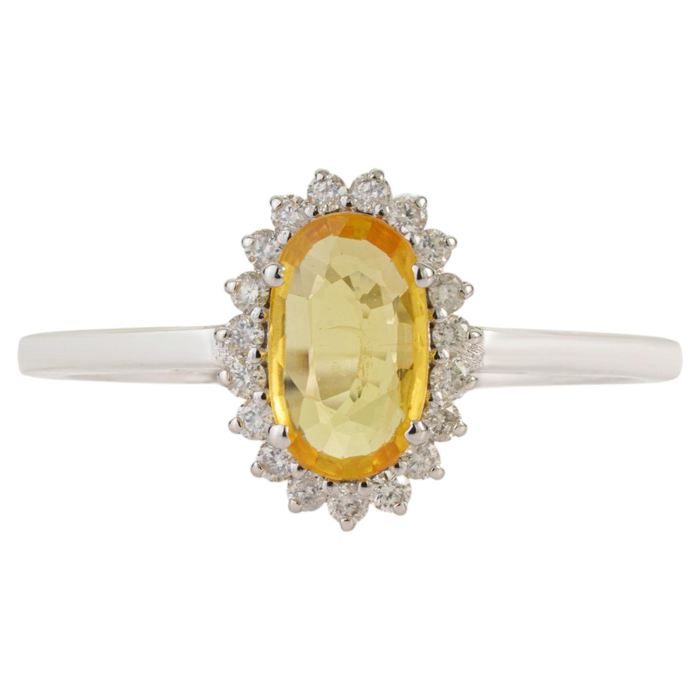 Anillo «halo» de oro blanco de 14K con zafiro amarillo natural y diamantes, inspirado en el Art Déco
