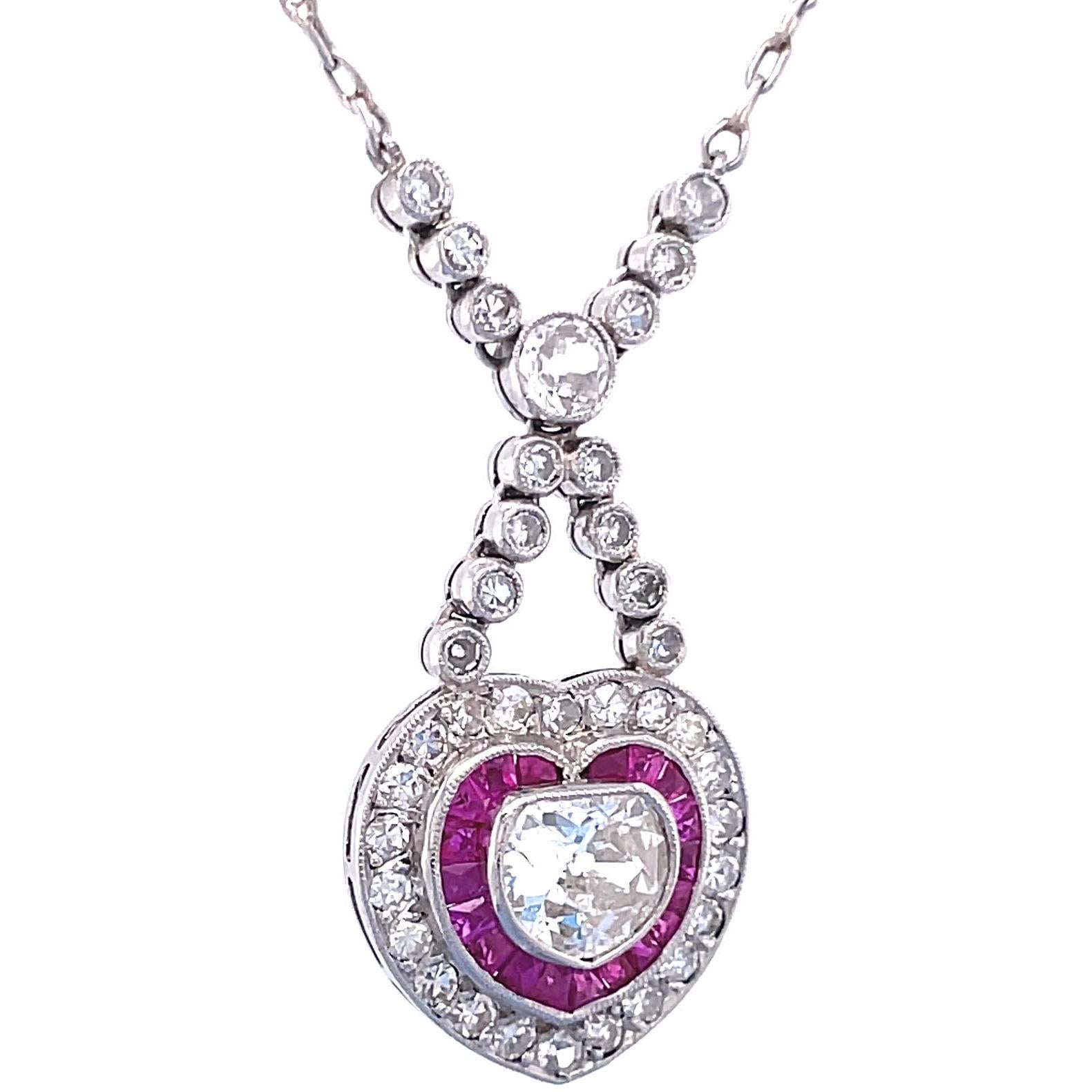 Mixed Cut Art Deco Inspired Necklace Diamond Ruby Platinum