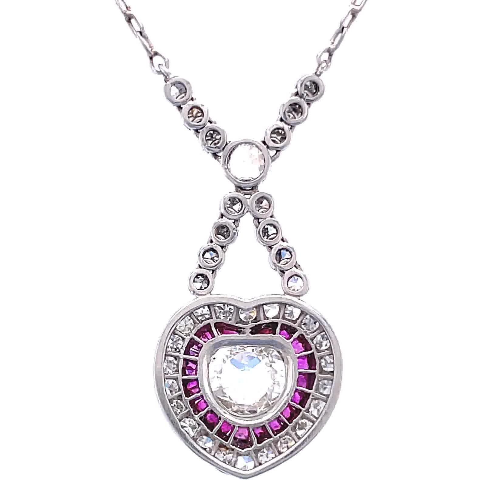 Women's Art Deco Inspired Necklace Diamond Ruby Platinum