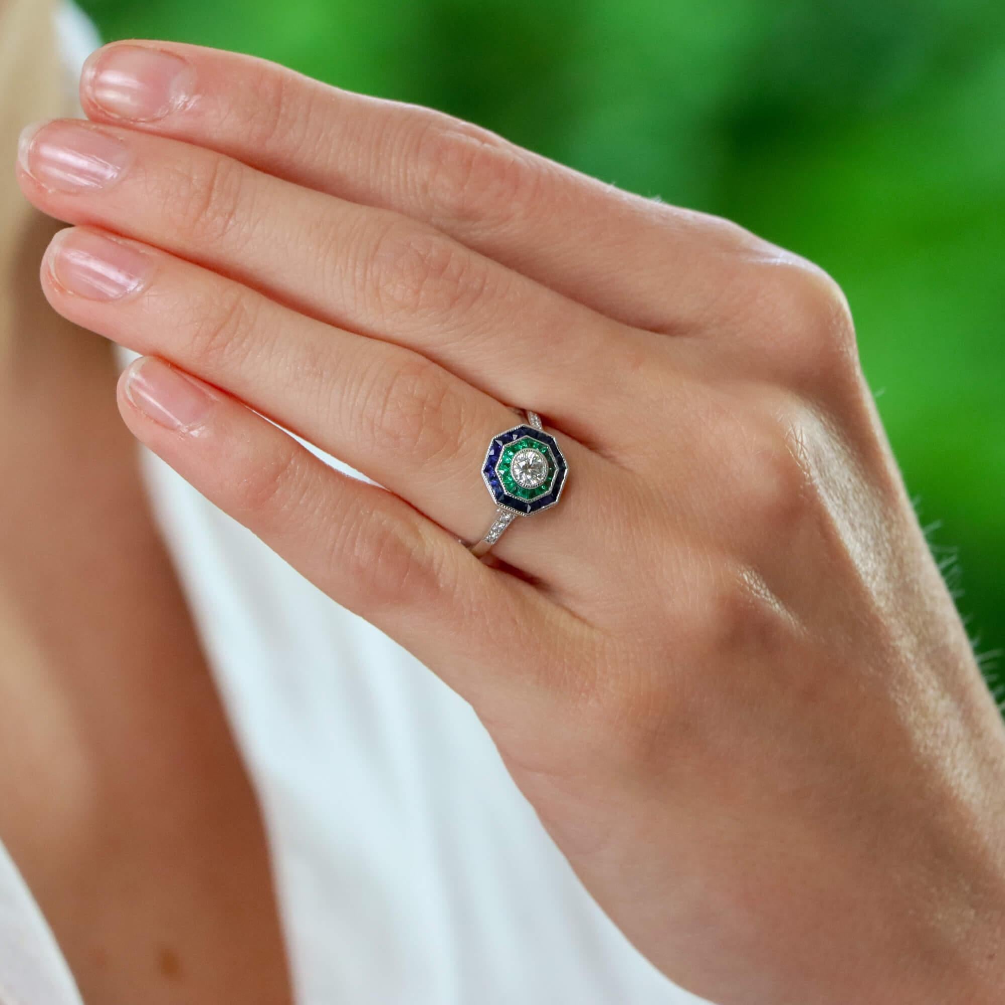 Round Cut Art Deco Inspired Octagonal Sapphire, Emerald and Diamond Cluster Ring in Gold