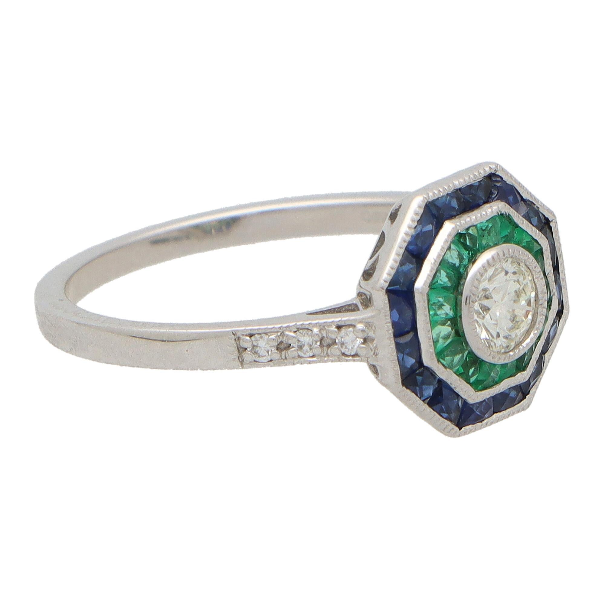Art Deco Inspired Octagonal Sapphire, Emerald and Diamond Cluster Ring in Gold In New Condition In London, GB