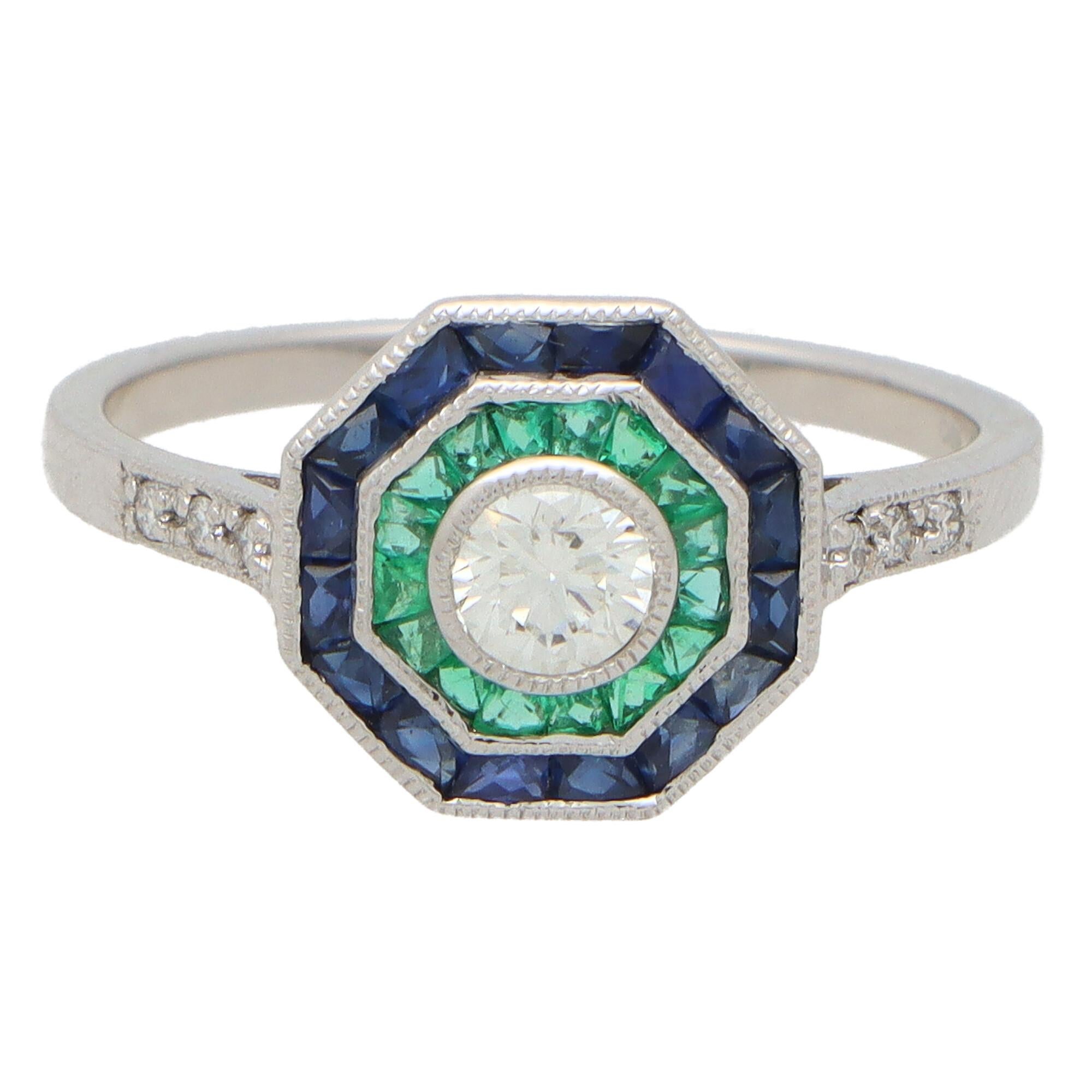Women's or Men's Art Deco Inspired Octagonal Sapphire, Emerald and Diamond Cluster Ring in Gold