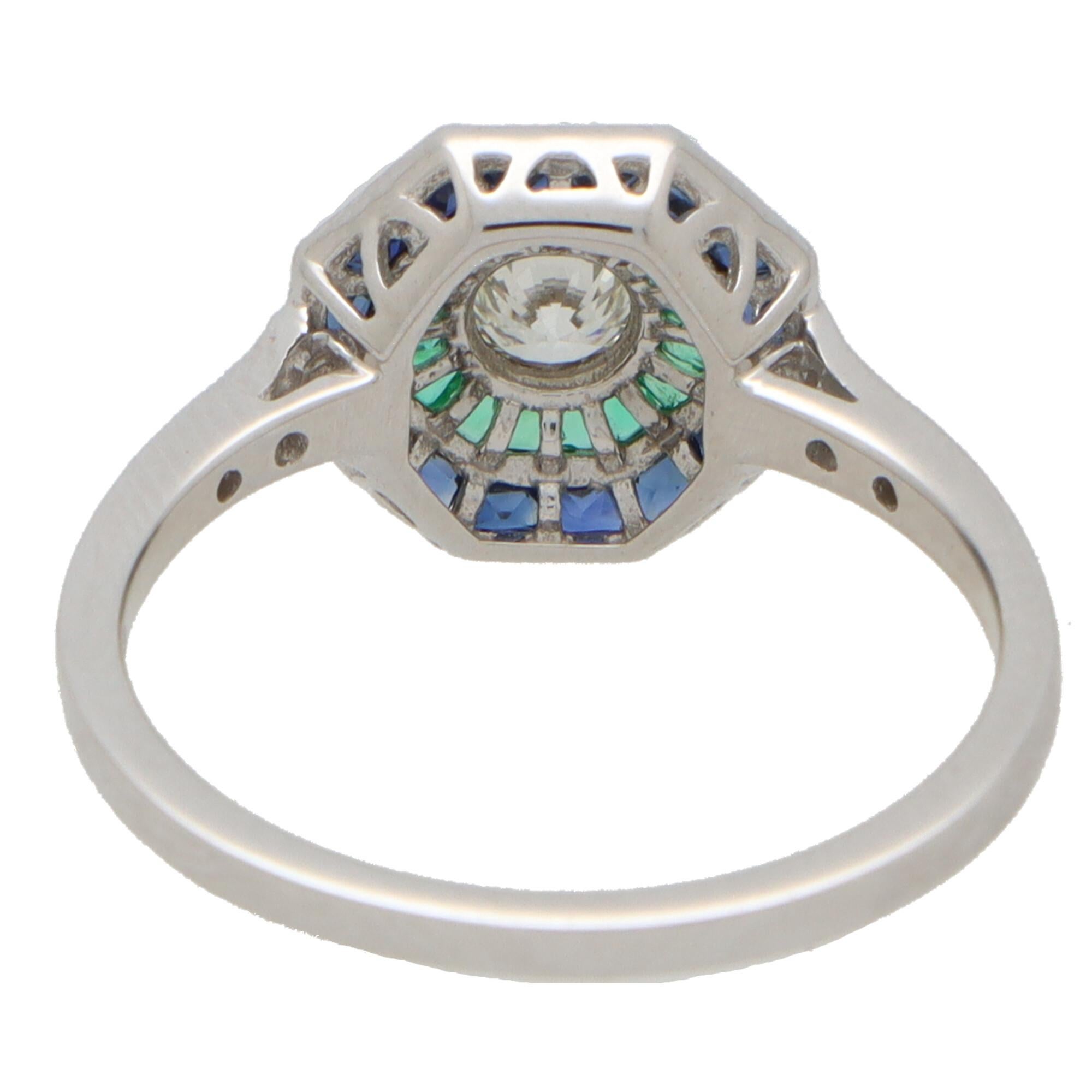 Art Deco Inspired Octagonal Sapphire, Emerald and Diamond Cluster Ring in Gold 2