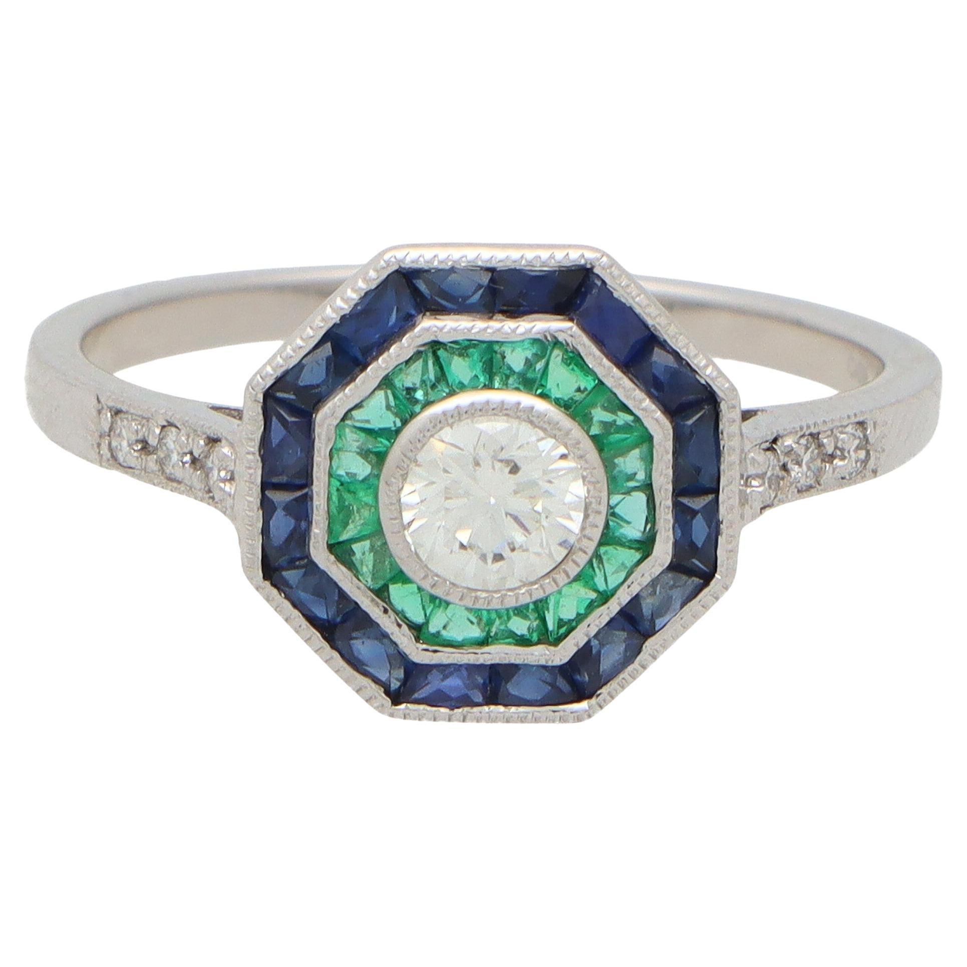 Art Deco Inspired Octagonal Sapphire, Emerald and Diamond Cluster Ring in Gold