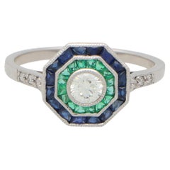 Art Deco Inspired Octagonal Sapphire, Emerald and Diamond Cluster Ring in Gold