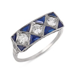 Art Deco inspired old cut diamond sapphire platinum dinner ring