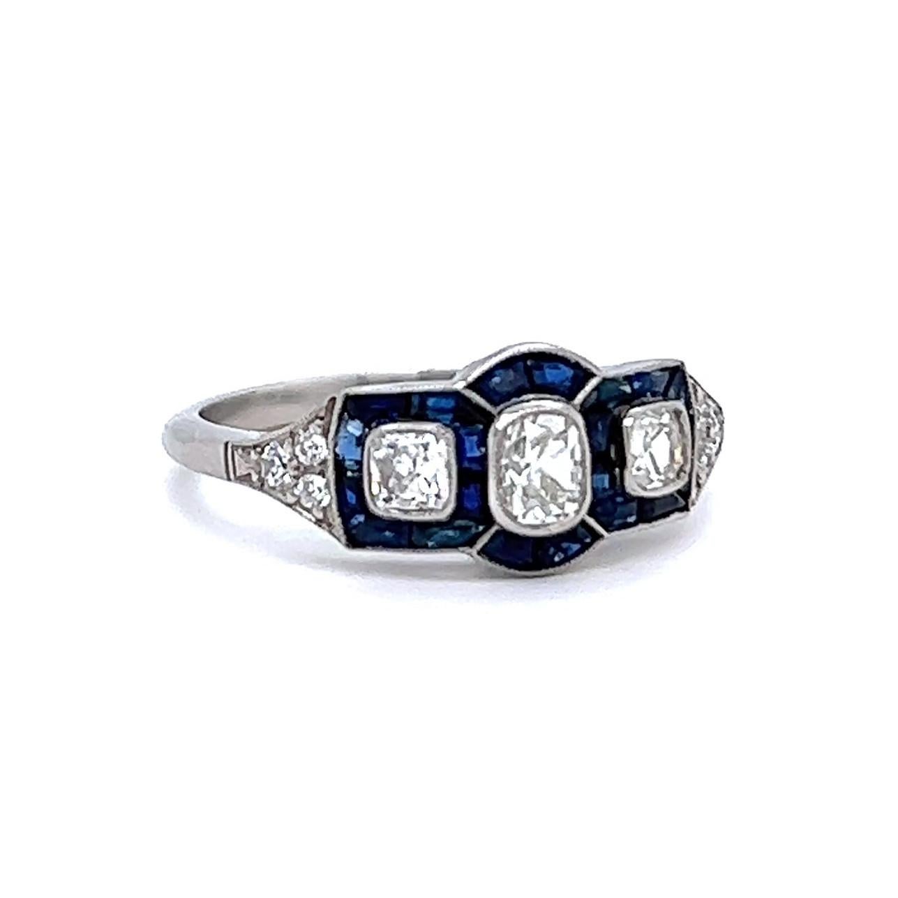Women's or Men's Art Deco Inspired 0.65 Carat Old Cut Diamond Sapphire Platinum Three Stone Ring For Sale
