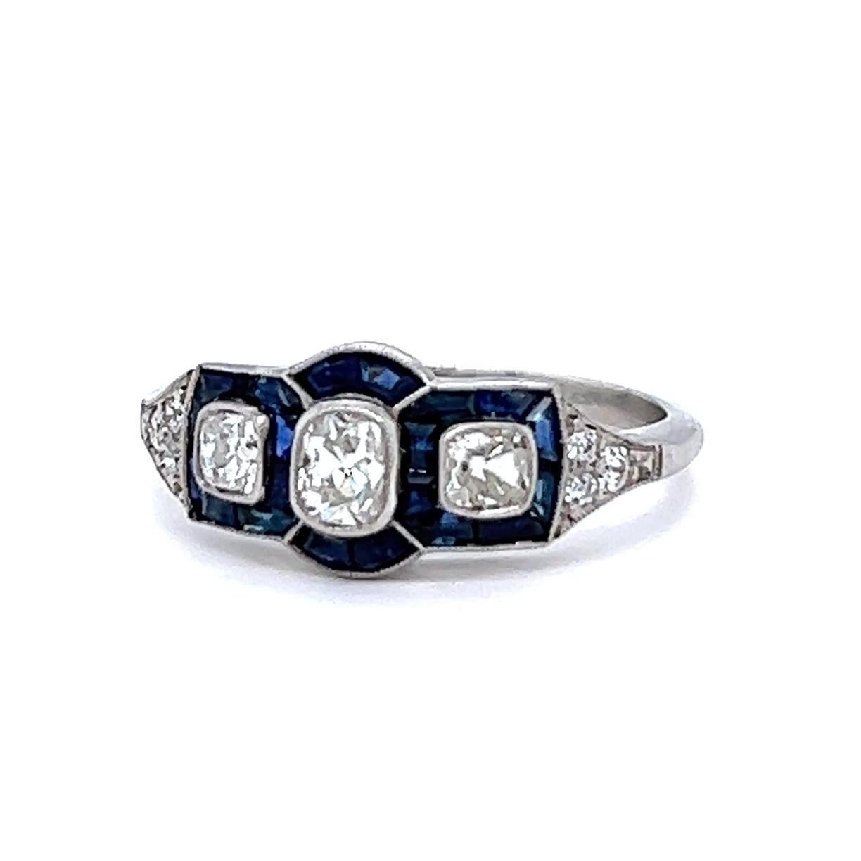 Art Deco Inspired 0.65 Carat Old Cut Diamond Sapphire Platinum Three Stone Ring For Sale 1