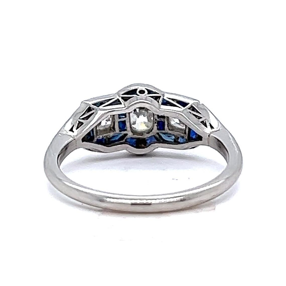 Art Deco Inspired 0.65 Carat Old Cut Diamond Sapphire Platinum Three Stone Ring For Sale 2