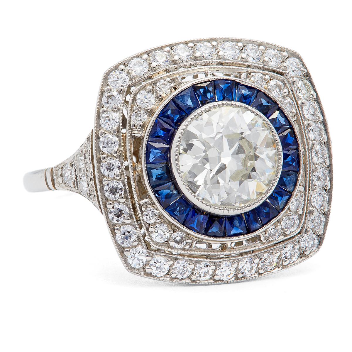 Art Deco Inspired Old European Cut Diamond and Sapphire Platinum Ring For Sale 1