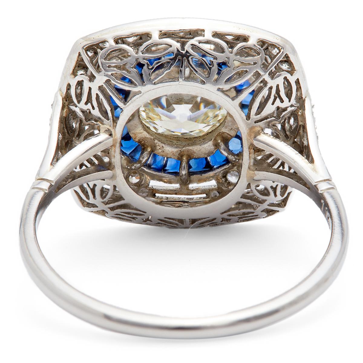 Art Deco Inspired Old European Cut Diamond and Sapphire Platinum Ring For Sale 2
