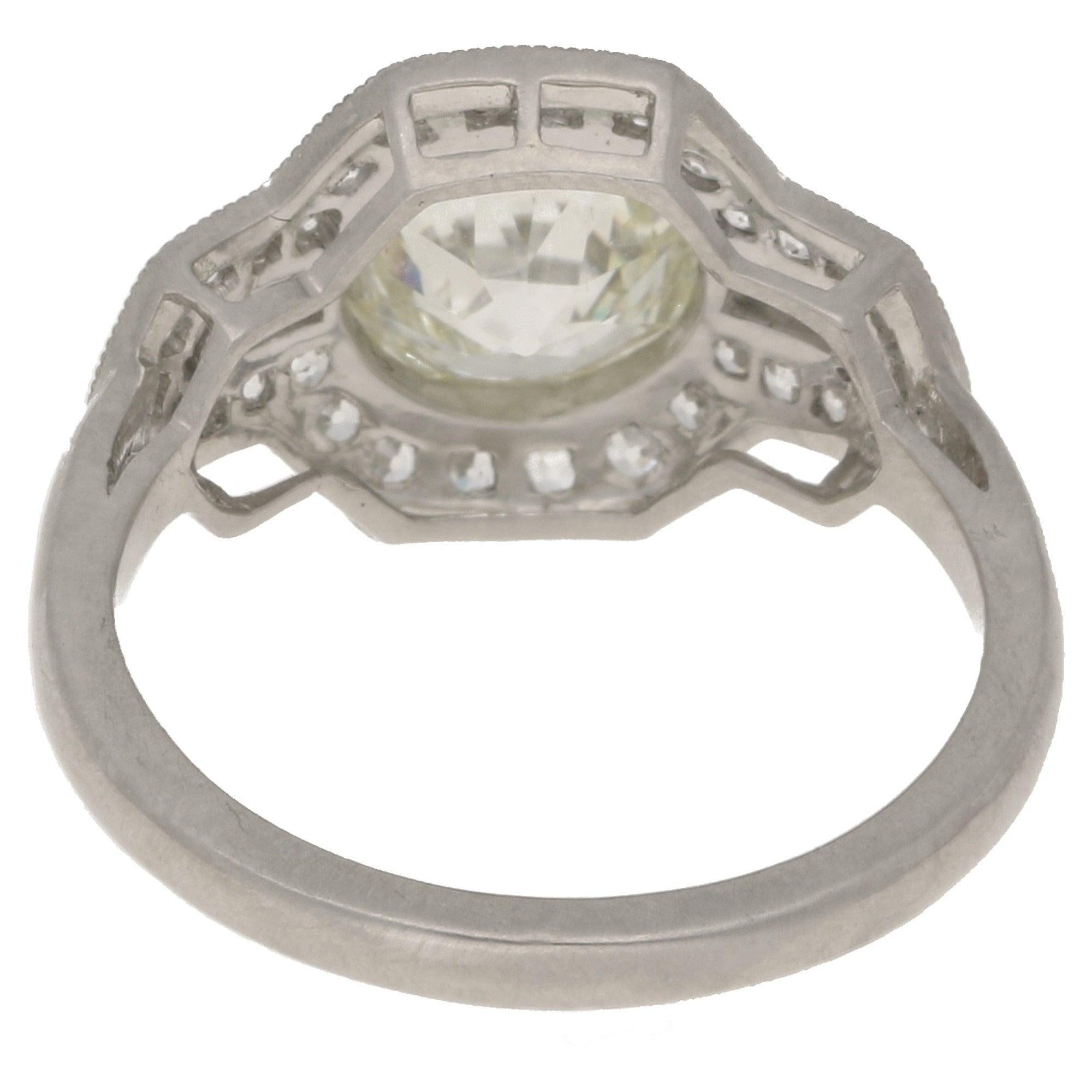 Women's or Men's Art Deco Inspired Old European Cut Diamond Engagement Ring Set in Platinum