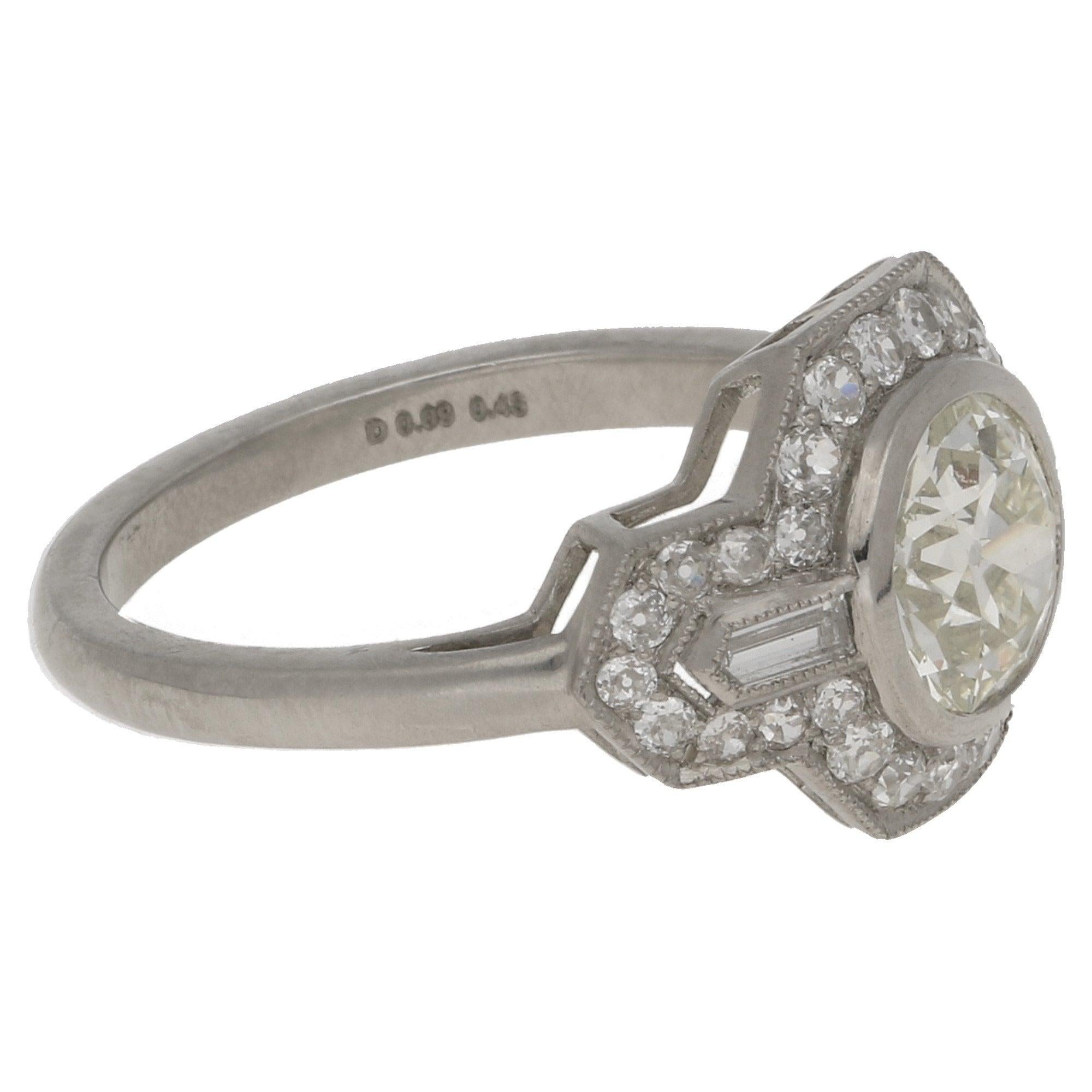 Art Deco Inspired Old European Cut Diamond Engagement Ring Set in Platinum 2