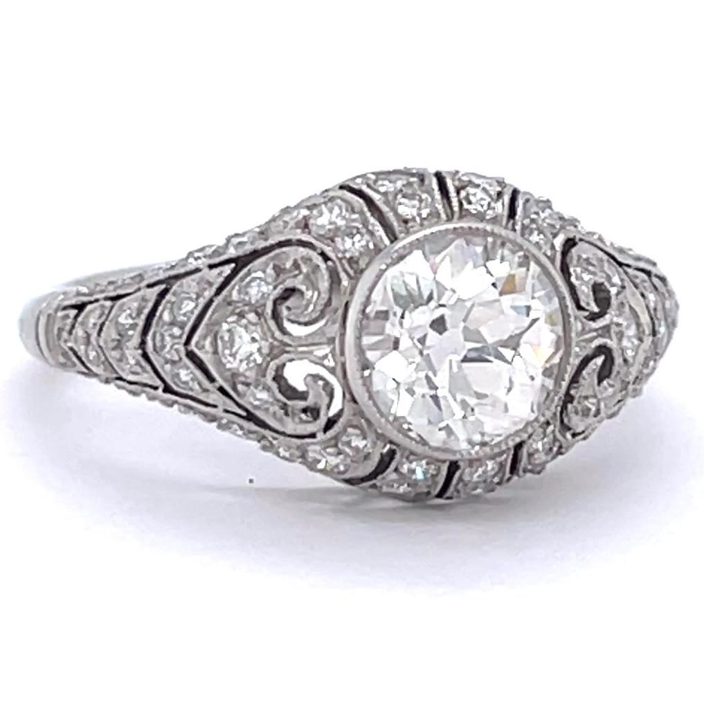 Women's or Men's Art Deco Inspired Old European Cut Diamond Platinum Engagement Ring