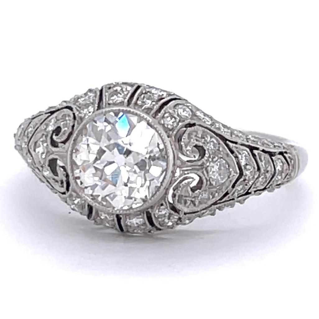 Art Deco Inspired Old European Cut Diamond Platinum Engagement Ring 1