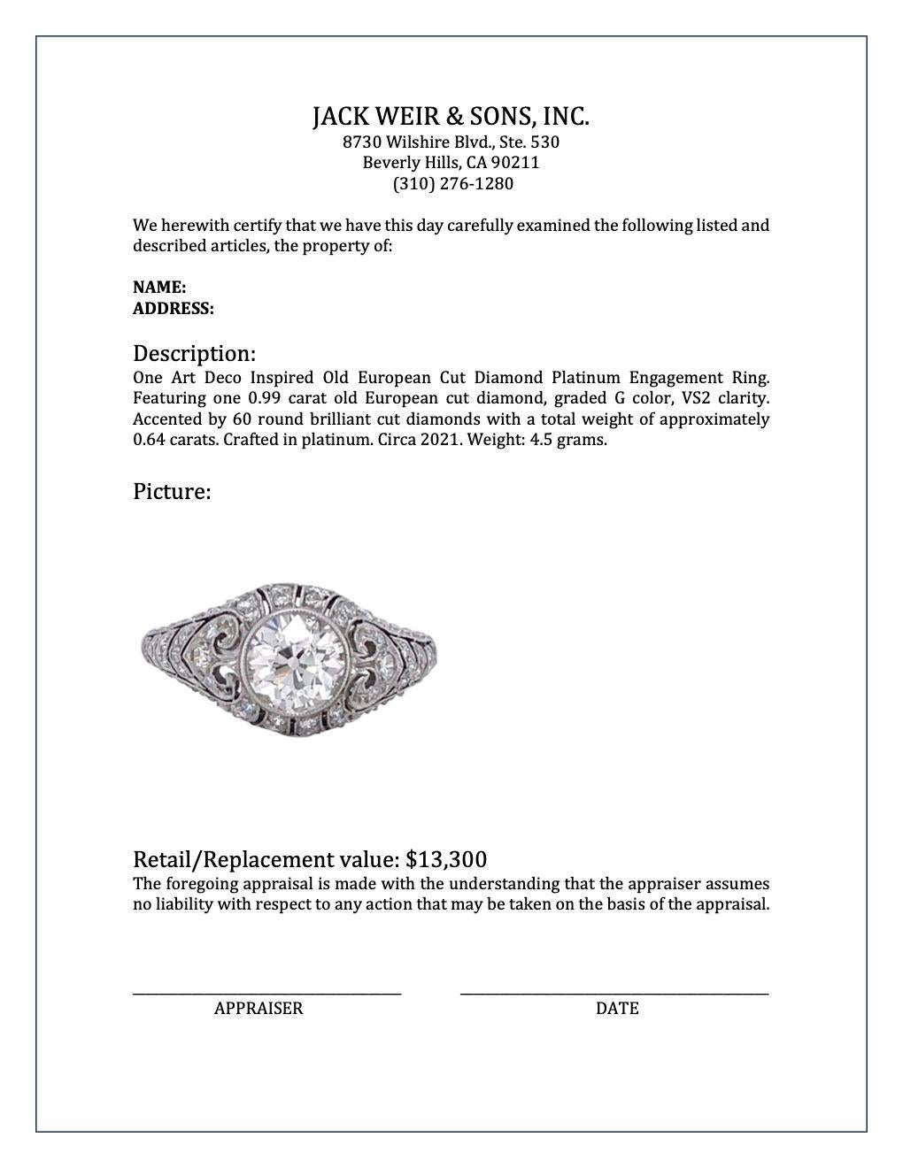 Art Deco Inspired Old European Cut Diamond Platinum Engagement Ring 3