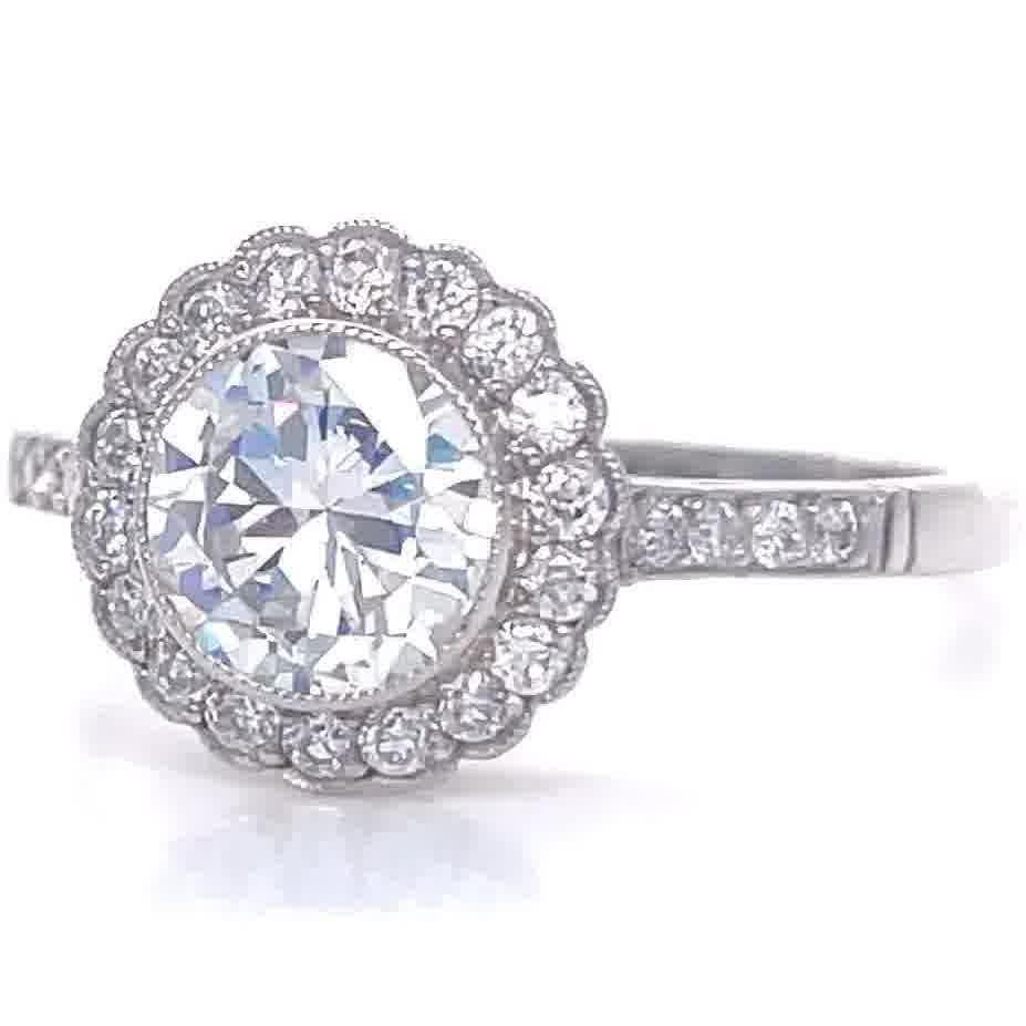 Women's Art Deco Inspired Old European Cut Diamond Platinum Halo Engagement Ring