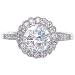Art Deco Inspired Old European Cut Diamond Platinum Halo Engagement Ring