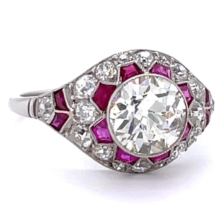 Women's or Men's Art Deco Inspired Old European Cut Diamond Ruby Platinum Engagement Ring