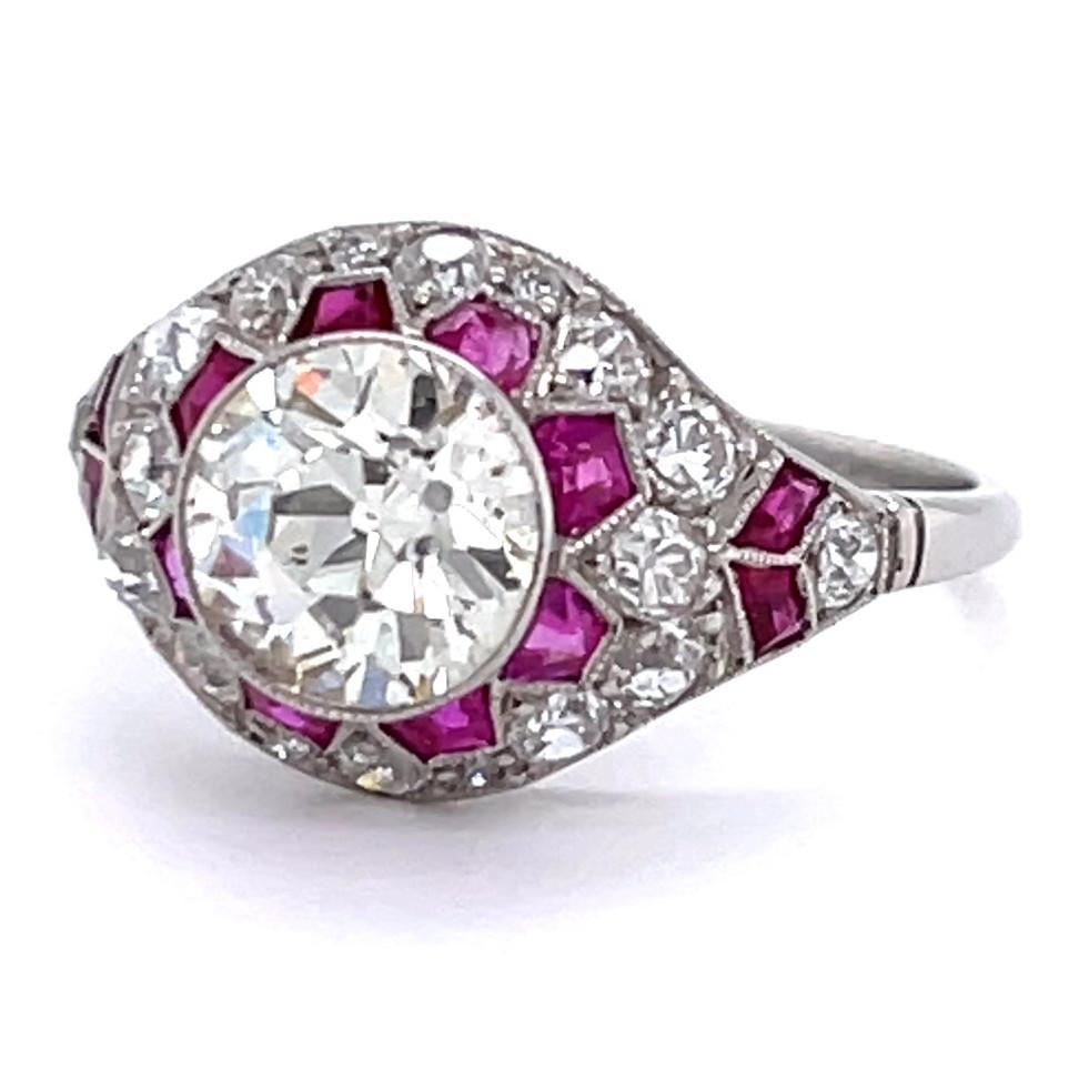 Art Deco Inspired Old European Cut Diamond Ruby Platinum Engagement Ring 1