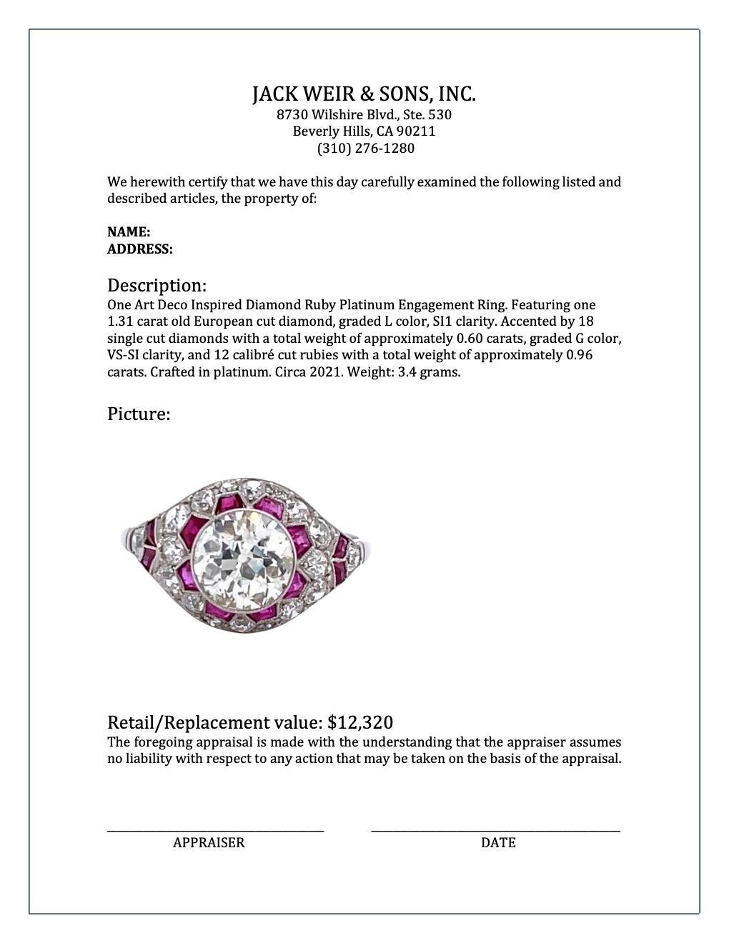 Art Deco Inspired Old European Cut Diamond Ruby Platinum Engagement Ring 3