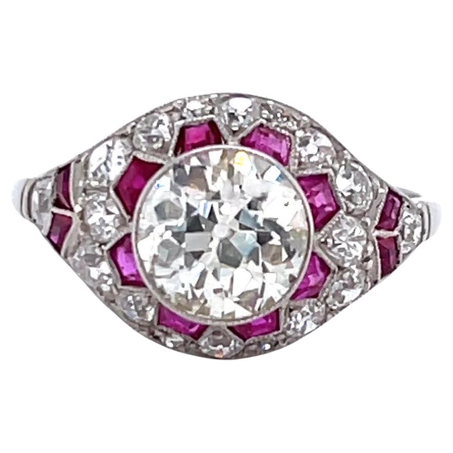 Art Deco Inspired Old European Cut Diamond Ruby Platinum Engagement Ring