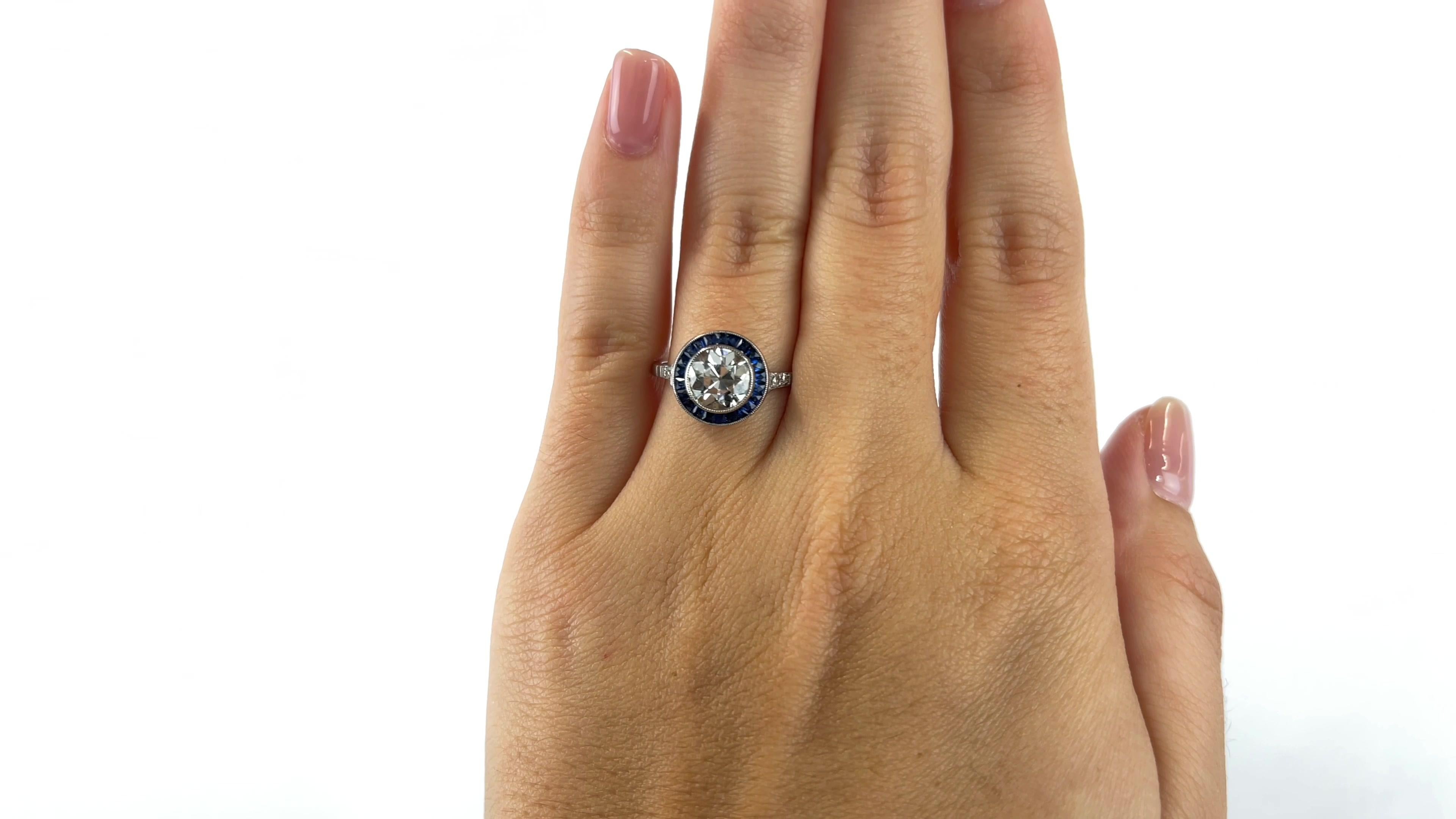 Art Deco Inspired Old European Cut Diamond Sapphire Platinum Engagement Ring In Excellent Condition In Beverly Hills, CA