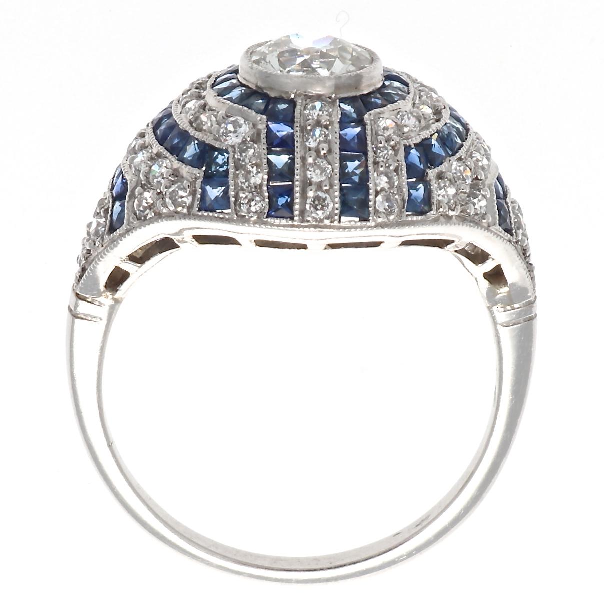 Art Deco Inspired Old European Cut Diamond Sapphire Platinum Engagement Ring In New Condition In Beverly Hills, CA