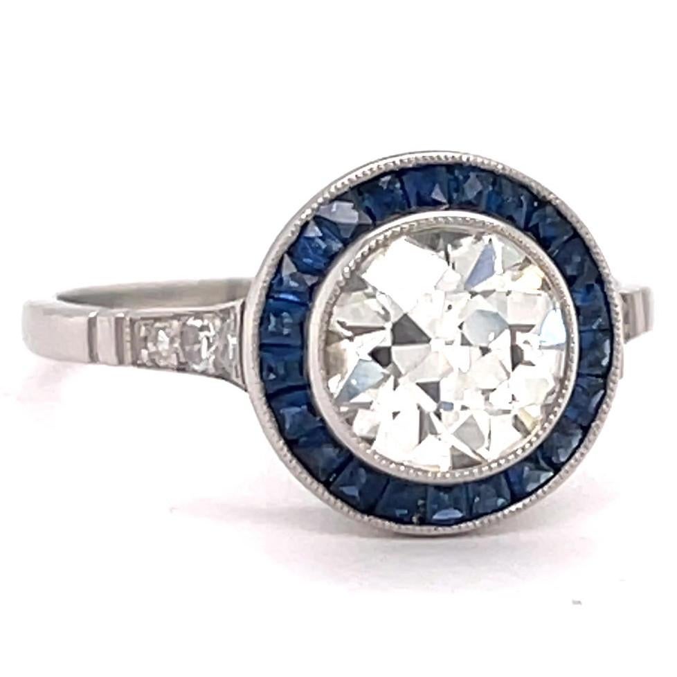 Women's or Men's Art Deco Inspired Old European Cut Diamond Sapphire Platinum Engagement Ring