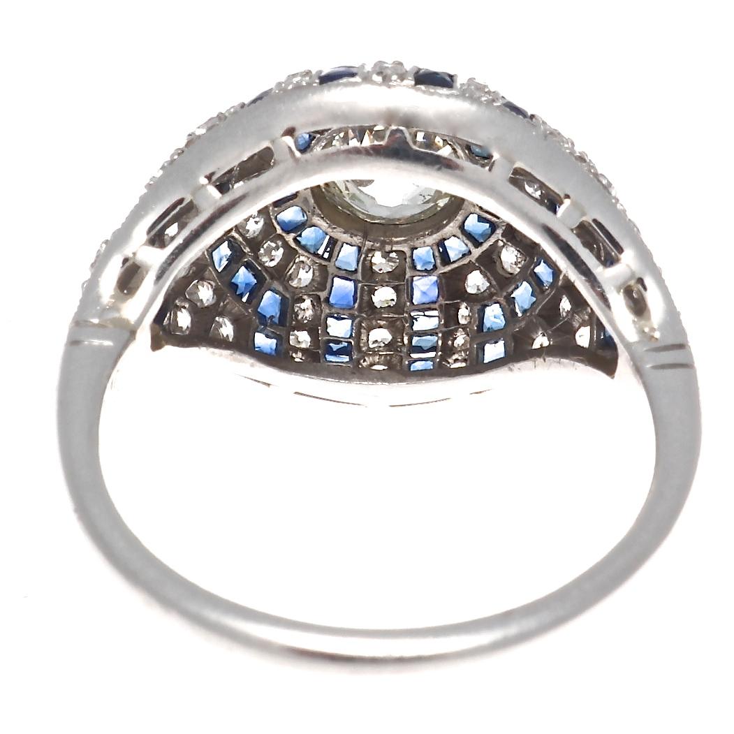 Women's Art Deco Inspired Old European Cut Diamond Sapphire Platinum Engagement Ring