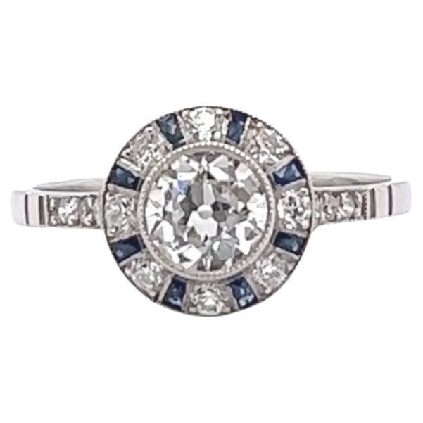 Art Deco Inspired Old European Cut Diamond Sapphire Platinum Halo Ring For Sale 1
