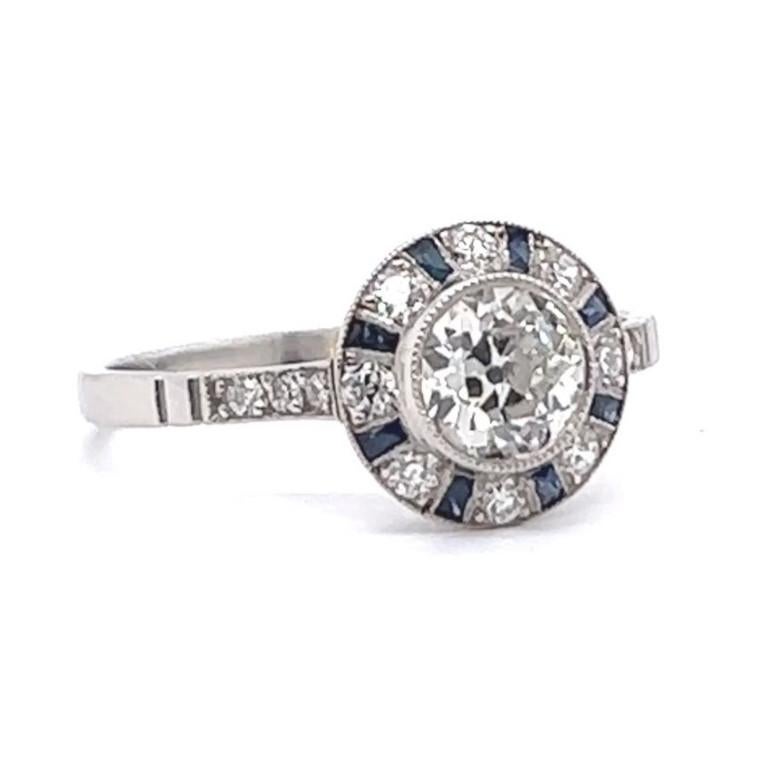 Art Deco Inspired Old European Cut Diamond Sapphire Platinum Halo Ring For Sale 2