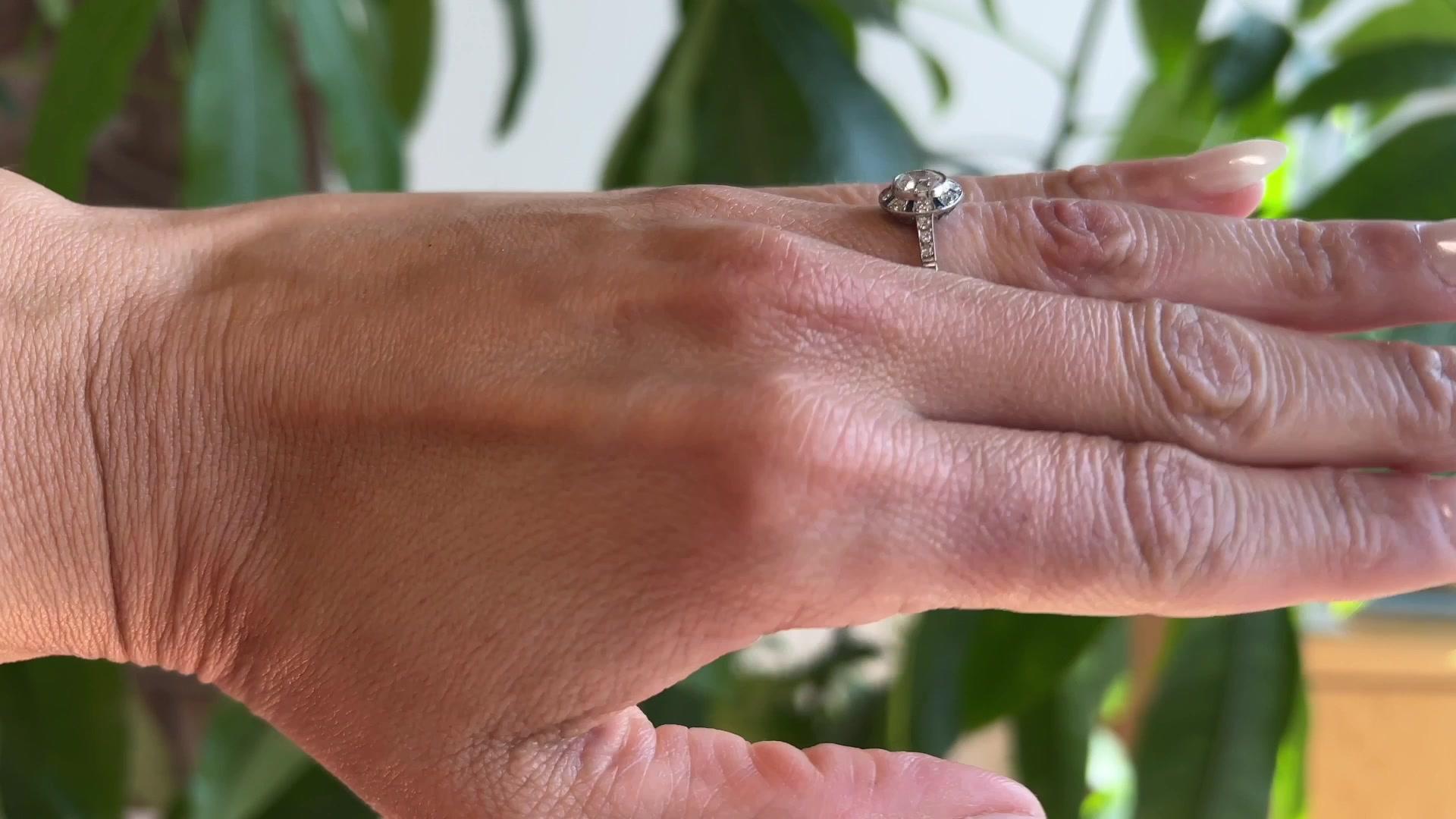 Women's or Men's Art Deco Inspired Old European Cut Diamond Sapphire Platinum Halo Ring For Sale