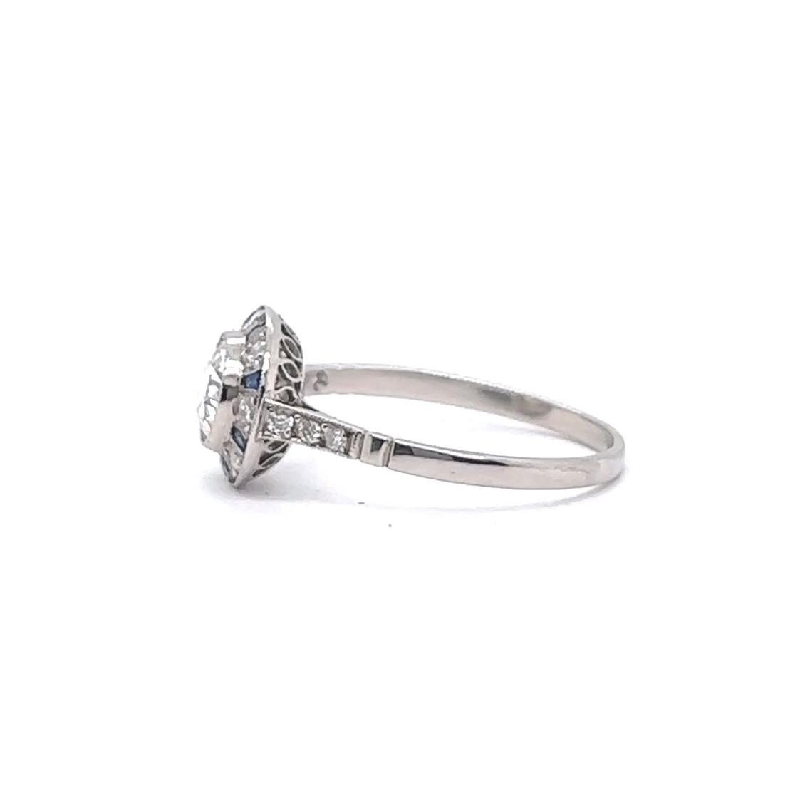 Art Deco Inspired Old European Cut Diamond Sapphire Platinum Halo Ring For Sale 4