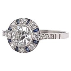 Art Deco Inspired Old European Cut Diamond Sapphire Platinum Halo Ring