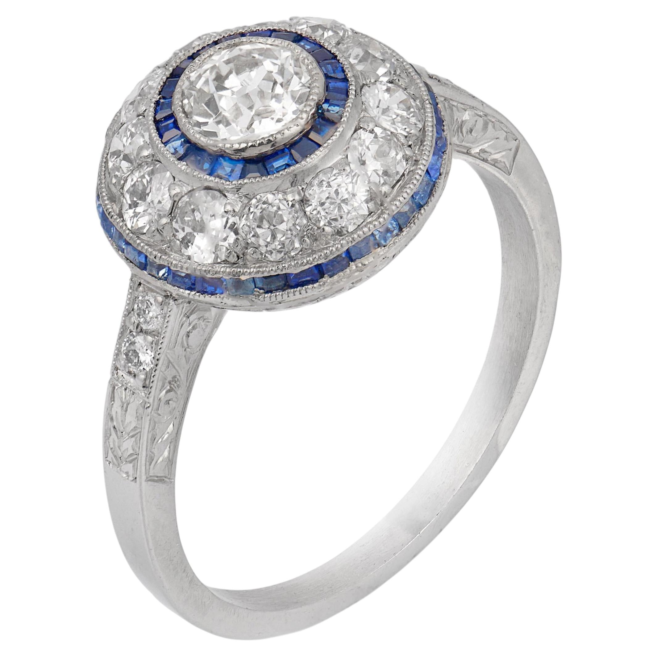 Art Deco inspired old European cut diamond sapphire platinum halo ring For Sale