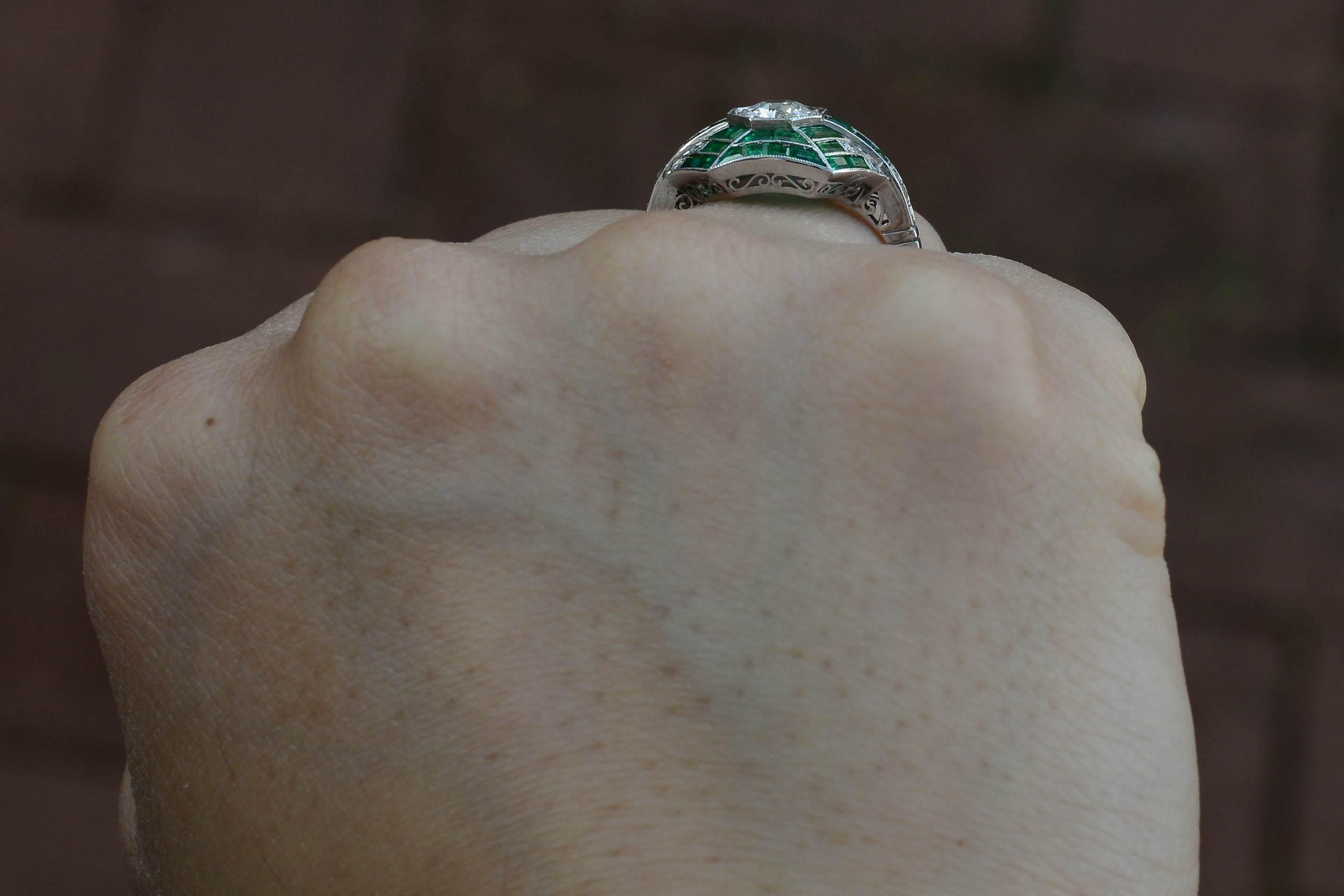Revival Art Deco Inspired Old European Diamond Emerald Accent Platinum Engagement Ring