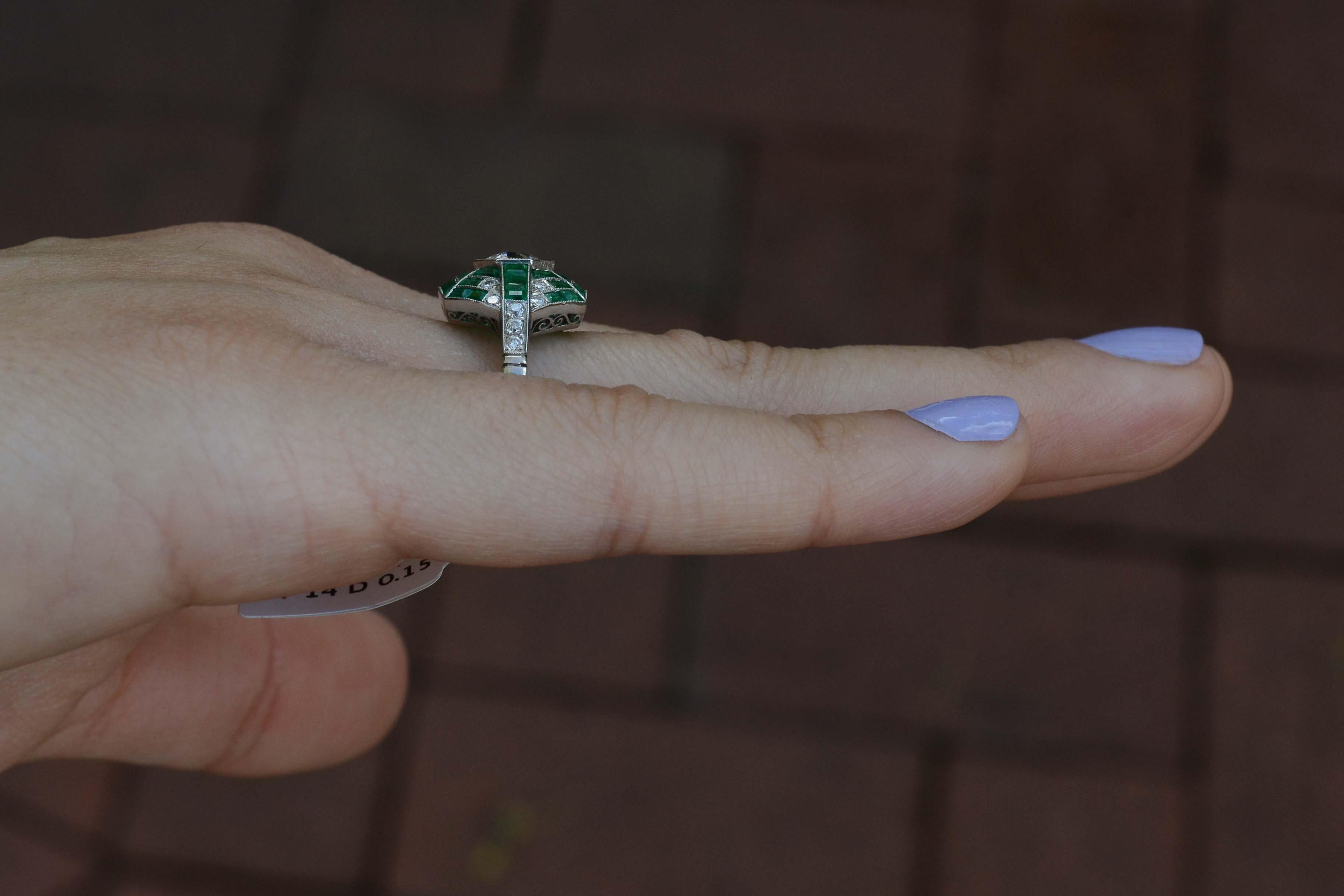 Old European Cut Art Deco Inspired Old European Diamond Emerald Accent Platinum Engagement Ring