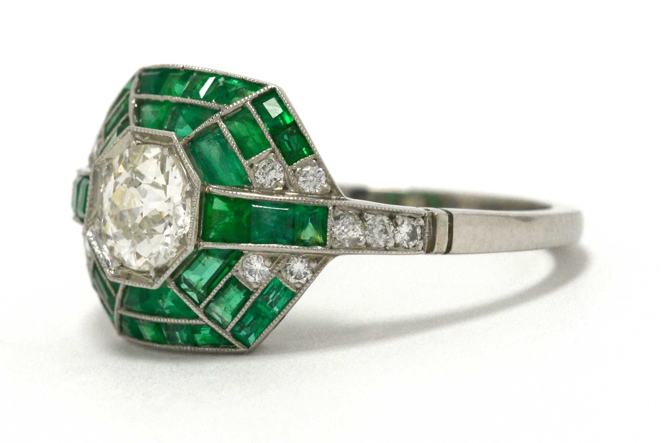 Art Deco Inspired Old European Diamond Emerald Accent Platinum Engagement Ring In Good Condition In Santa Barbara, CA